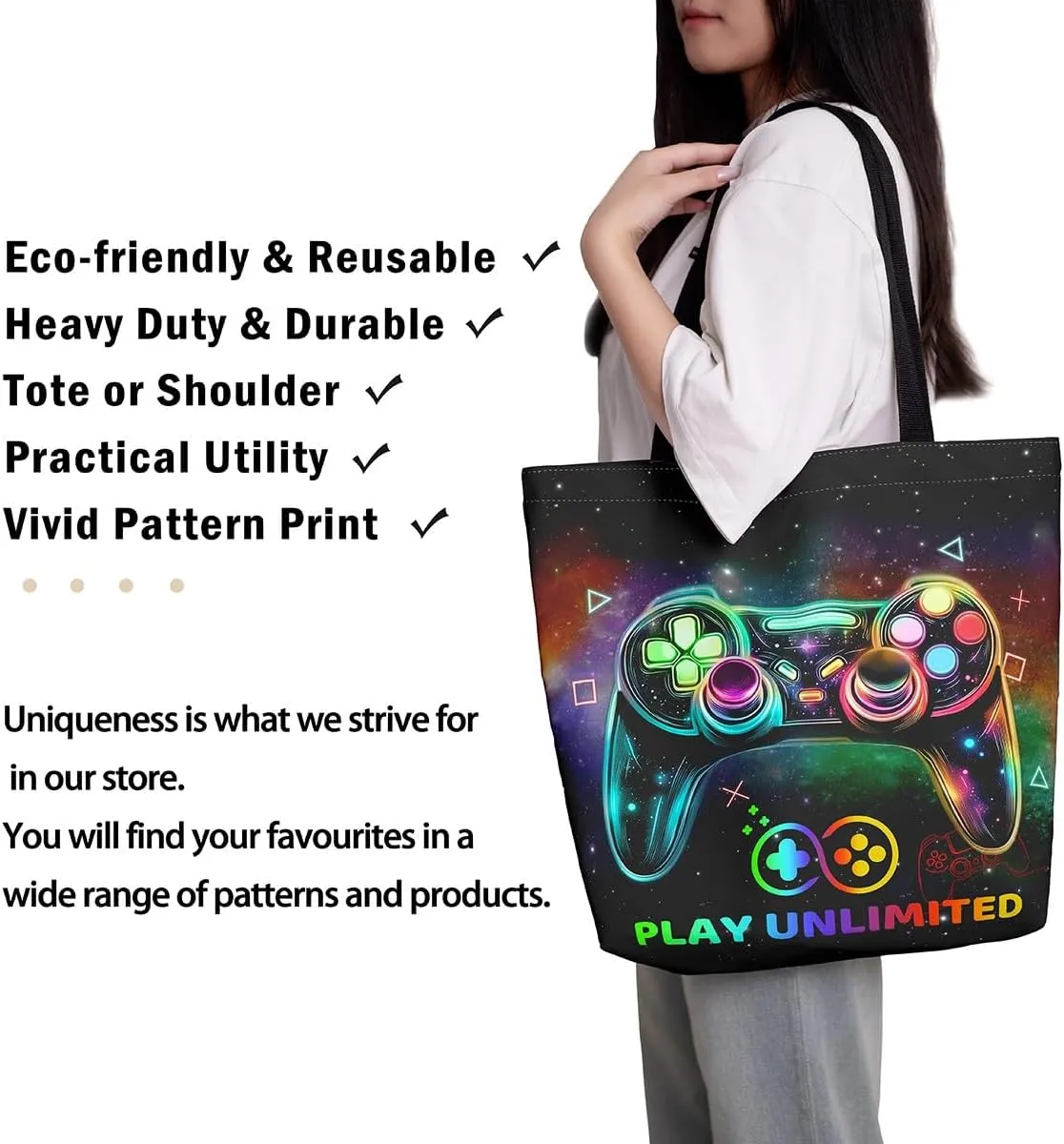 Blue Gaming Canvas Tote Bag for Women,Gamer Foldable Handbag,Neon Lights Abstract Geometry Travel Shopping Bag