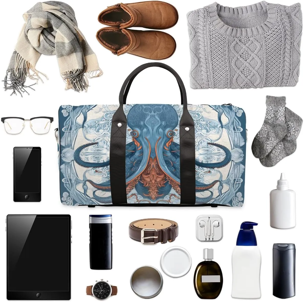 Blue Octopus Travel Duffle Bag for Women Men Gym Duffel Foldable Bag Waterproof Weekender Ocean Kraken Duffle Tote