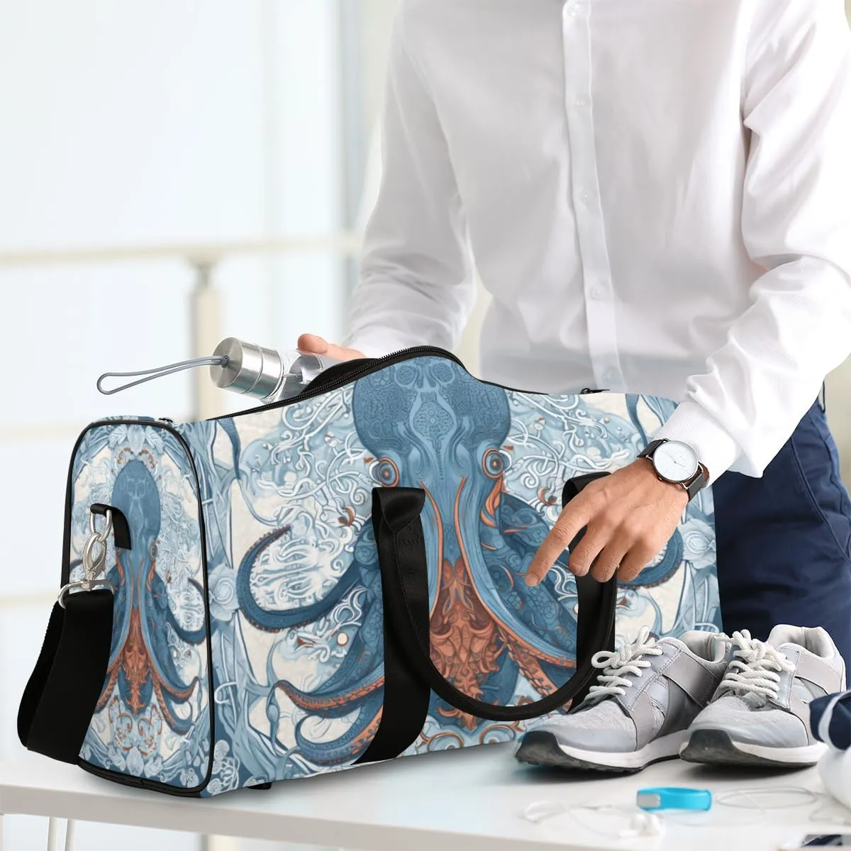Blue Octopus Travel Duffle Bag for Women Men Gym Duffel Foldable Bag Waterproof Weekender Ocean Kraken Duffle Tote
