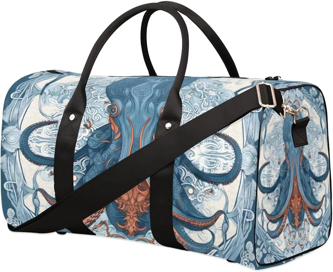 Blue Octopus Travel Duffle Bag for Women Men Gym Duffel Foldable Bag Waterproof Weekender Ocean Kraken Duffle Tote