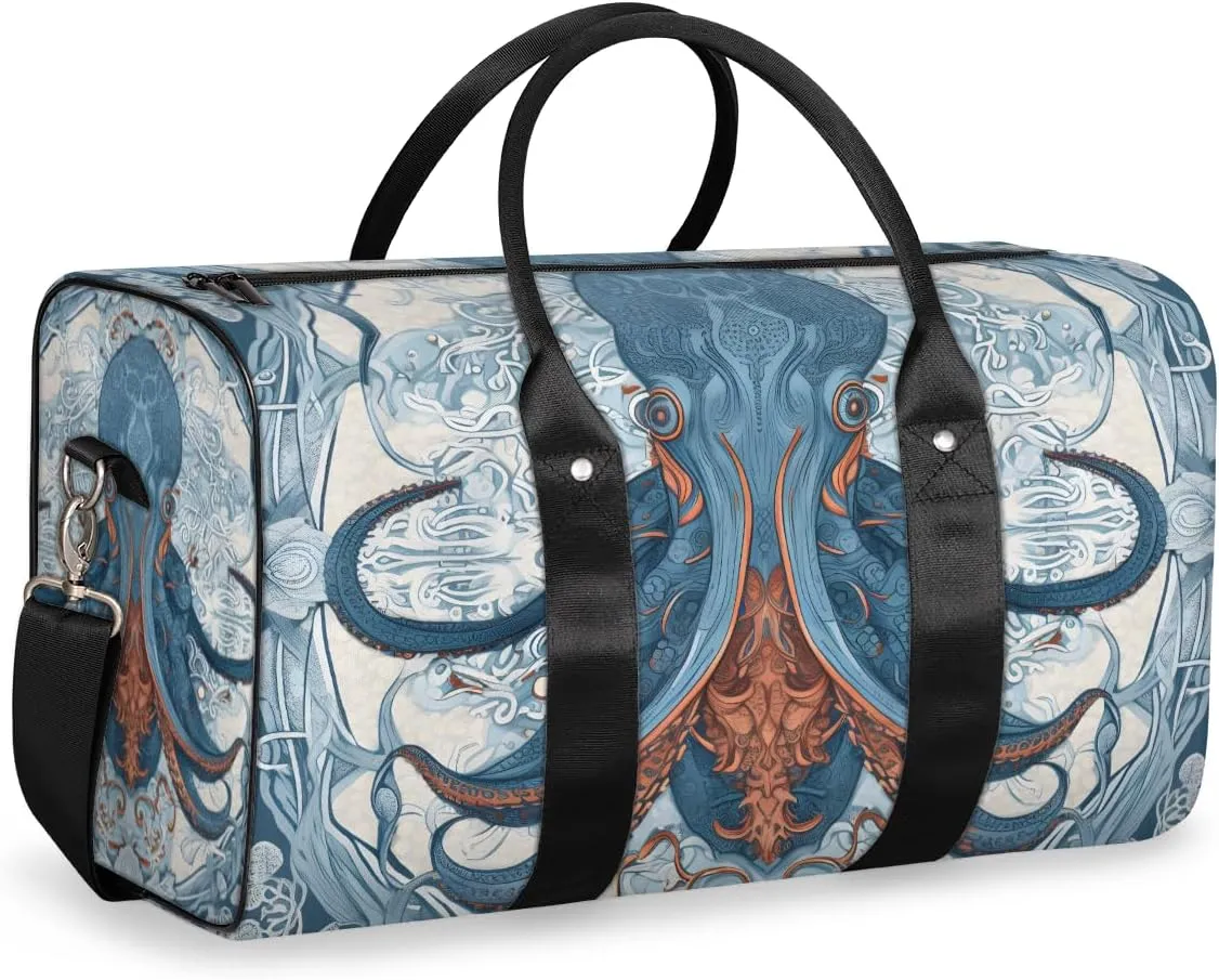 Blue Octopus Travel Duffle Bag for Women Men Gym Duffel Foldable Bag Waterproof Weekender Ocean Kraken Duffle Tote