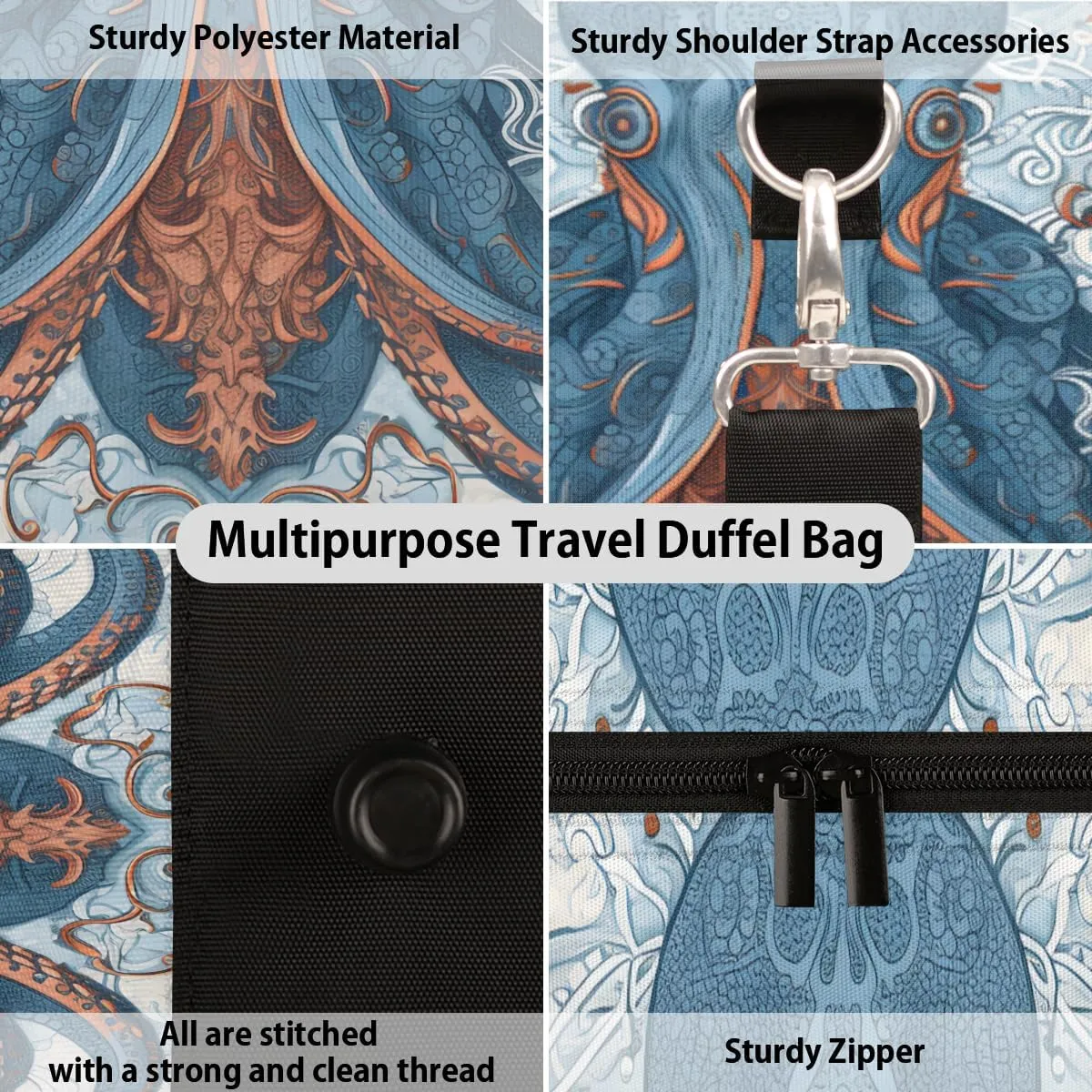 Blue Octopus Travel Duffle Bag for Women Men Gym Duffel Foldable Bag Waterproof Weekender Ocean Kraken Duffle Tote
