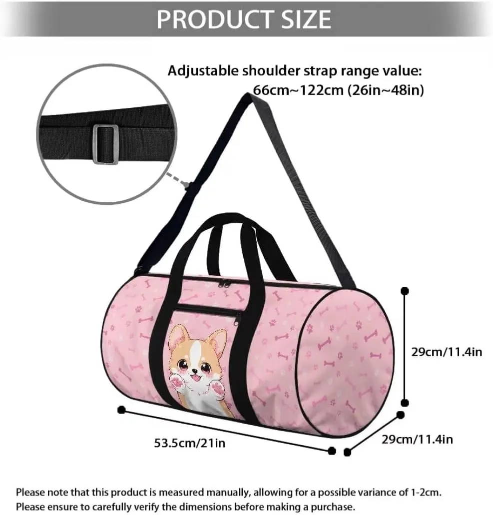 Boatee Corgi Luggage Bag for Teen Girls Cute Duffle Bag for Travel Duffel Bag Lightweight Weekender Bags with Adjustable Strap Multi-Purpose Handle Purse Casual Holdall Bag for Sport Camp Dog Pink