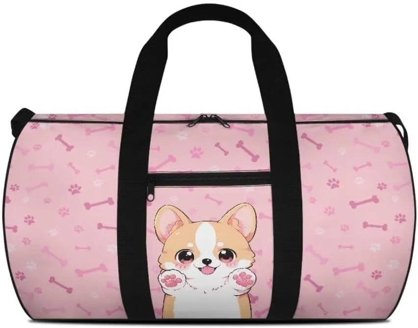 Boatee Corgi Luggage Bag for Teen Girls Cute Duffle Bag for Travel Duffel Bag Lightweight Weekender Bags with Adjustable Strap Multi-Purpose Handle Purse Casual Holdall Bag for Sport Camp Dog Pink