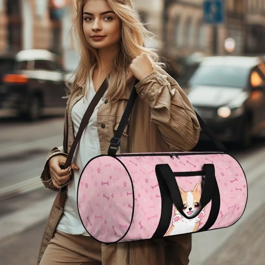 Boatee Corgi Luggage Bag for Teen Girls Cute Duffle Bag for Travel Duffel Bag Lightweight Weekender Bags with Adjustable Strap Multi-Purpose Handle Purse Casual Holdall Bag for Sport Camp Dog Pink