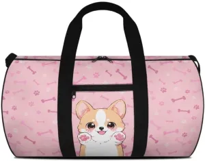 Boatee Corgi Luggage Bag for Teen Girls Cute Duffle Bag for Travel Duffel Bag Lightweight Weekender Bags with Adjustable Strap Multi-Purpose Handle Purse Casual Holdall Bag for Sport Camp Dog Pink