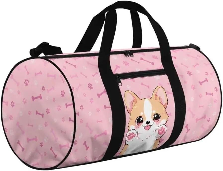 Boatee Corgi Luggage Bag for Teen Girls Cute Duffle Bag for Travel Duffel Bag Lightweight Weekender Bags with Adjustable Strap Multi-Purpose Handle Purse Casual Holdall Bag for Sport Camp Dog Pink