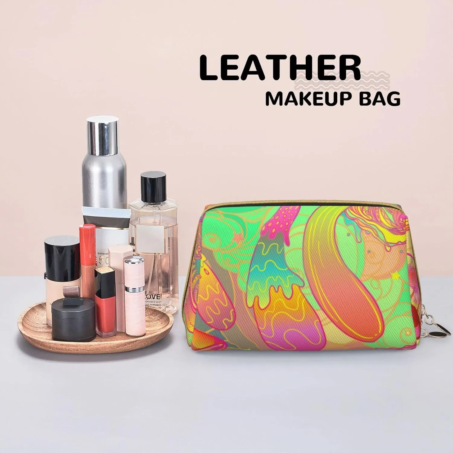 Bohemian Style Magic Mushroom Makeup Bag Large Makeup Bag Zipper Pouch Travel Cosmetic Organizer For Women