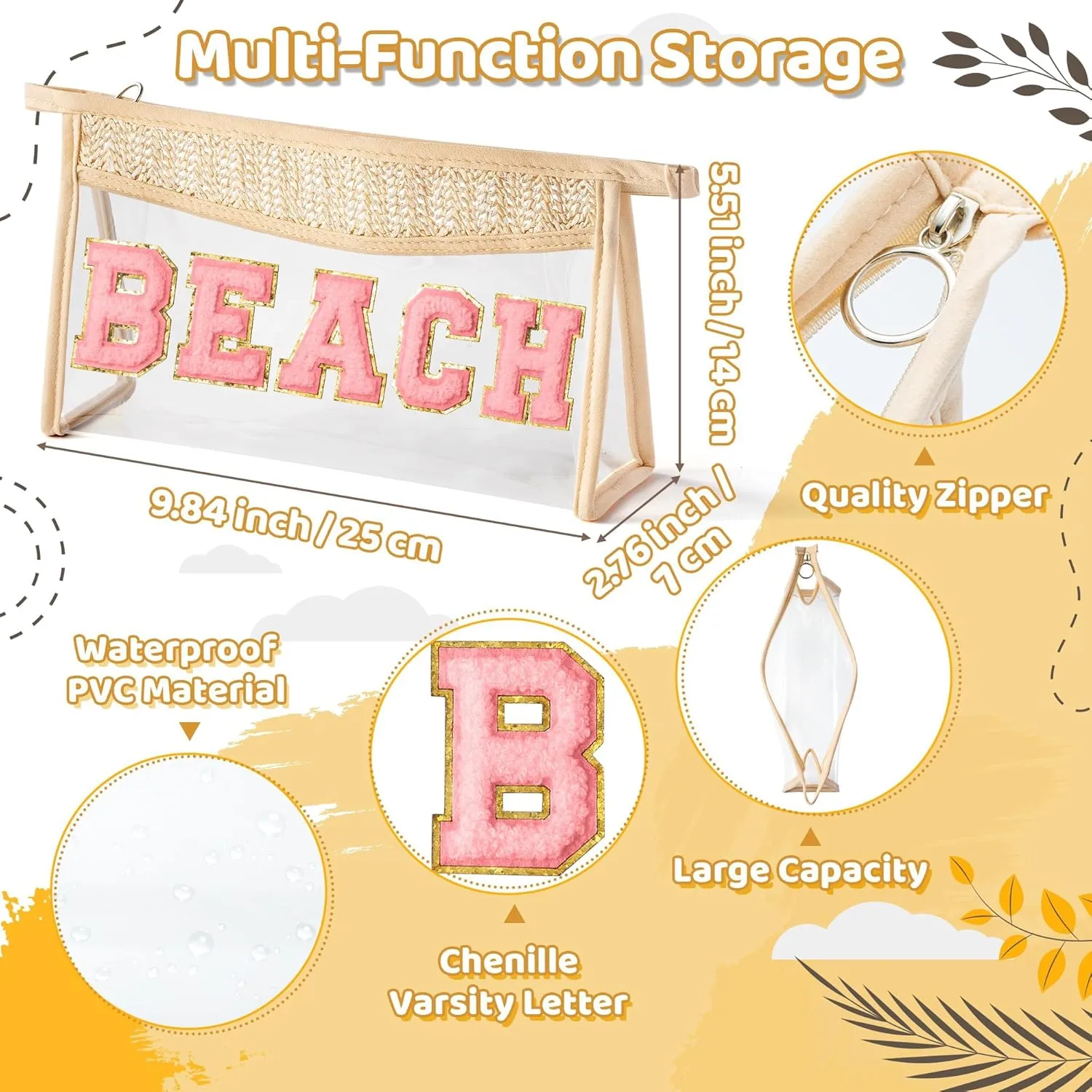 Boho Patch Beach Cosmetic Bag - Summer BEACH Chenille Varsity Letter Toiletry Makeup Bag Waterproof PVC Clear Cosmetic Case Multi-Function Zippered Pouch Beach Pool for Women Girls Mama
