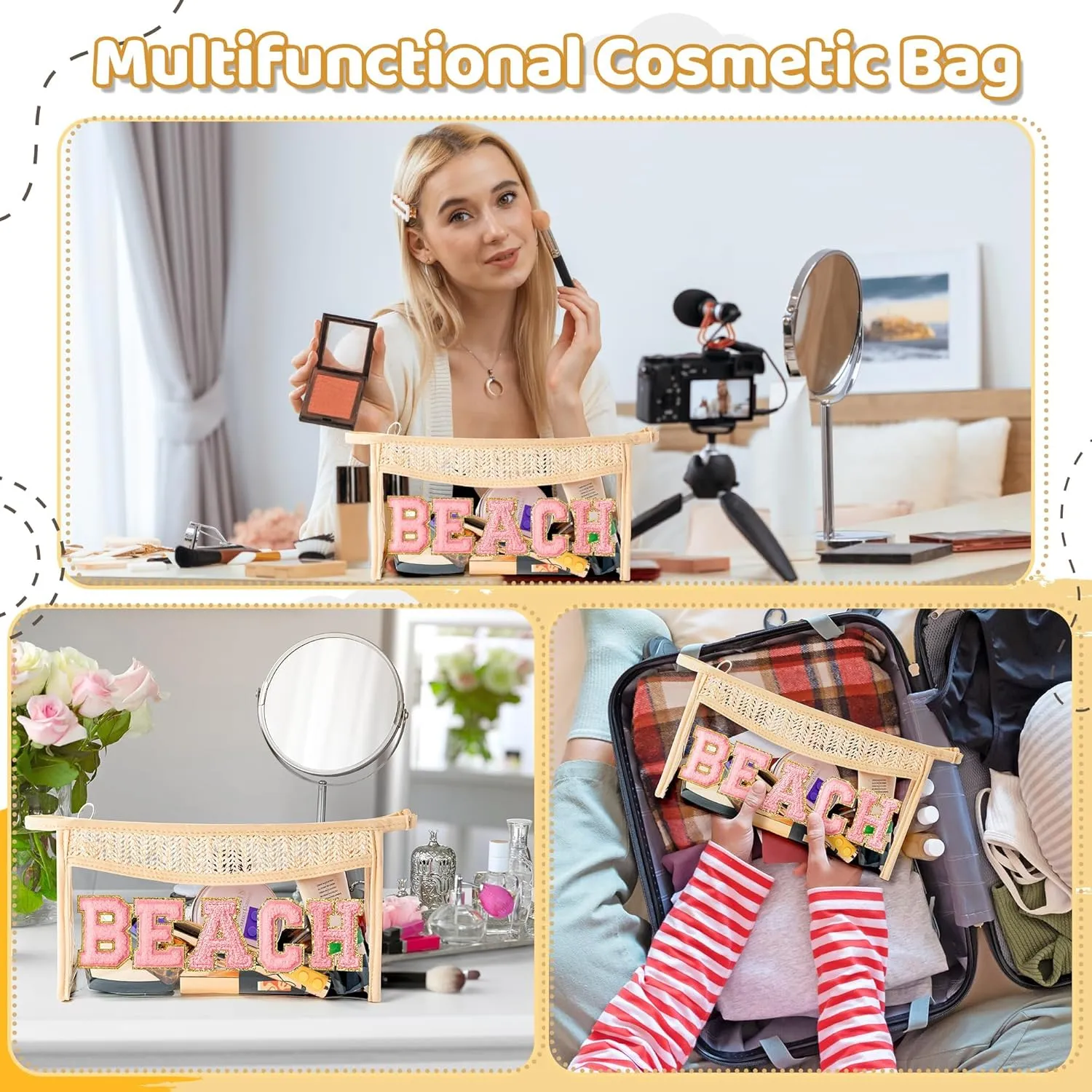 Boho Patch Beach Cosmetic Bag - Summer BEACH Chenille Varsity Letter Toiletry Makeup Bag Waterproof PVC Clear Cosmetic Case Multi-Function Zippered Pouch Beach Pool for Women Girls Mama
