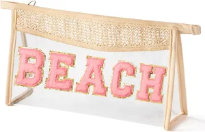 Boho Patch Beach Cosmetic Bag - Summer BEACH Chenille Varsity Letter Toiletry Makeup Bag Waterproof PVC Clear Cosmetic Case Multi-Function Zippered Pouch Beach Pool for Women Girls Mama