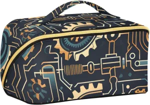 Bolaz Women's Cosmetic Bag Travel Makeup Bag Portable Cosmetic Pouch, Flat Open Organizer for Toiletries and Brushes, Machinery Seamless Pattern
