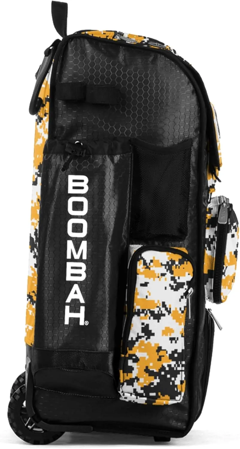 Boombah Rolling Superpack Baseball/Softball Gear Bag - 23-1/2" x 13-1/2" x 9-1/2" - Digital Camo Black/Gold - Telescopic Handle - Holds 4 Bats - Wheeled Version