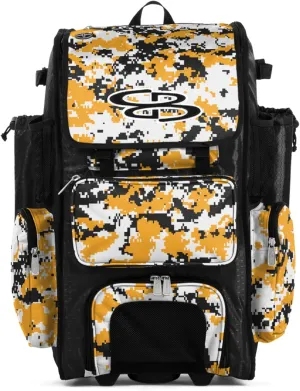Boombah Rolling Superpack Baseball/Softball Gear Bag - 23-1/2" x 13-1/2" x 9-1/2" - Digital Camo Black/Gold - Telescopic Handle - Holds 4 Bats - Wheeled Version