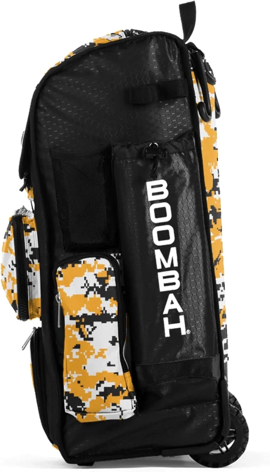 Boombah Rolling Superpack Baseball/Softball Gear Bag - 23-1/2" x 13-1/2" x 9-1/2" - Digital Camo Black/Gold - Telescopic Handle - Holds 4 Bats - Wheeled Version