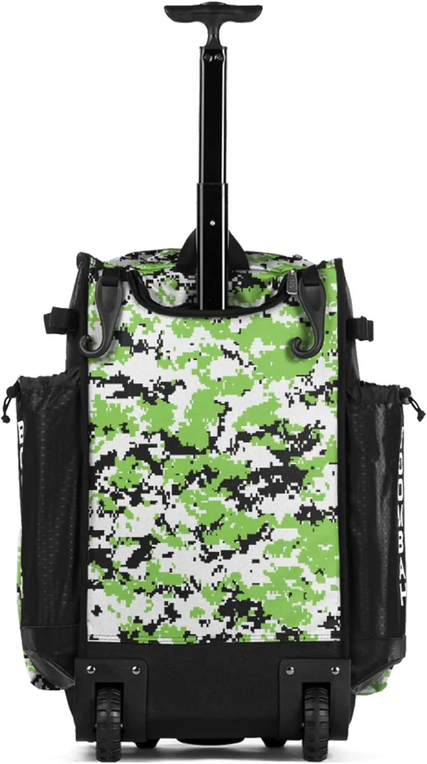 Boombah Rolling Superpack Baseball/Softball Gear Bag - 23-1/2" x 13-1/2" x 9-1/2" - Digital Camo Black/Lime Green - Telescopic Handle - Holds 4 Bats - Wheeled Version