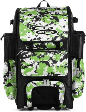 Boombah Rolling Superpack Baseball/Softball Gear Bag - 23-1/2" x 13-1/2" x 9-1/2" - Digital Camo Black/Lime Green - Telescopic Handle - Holds 4 Bats - Wheeled Version