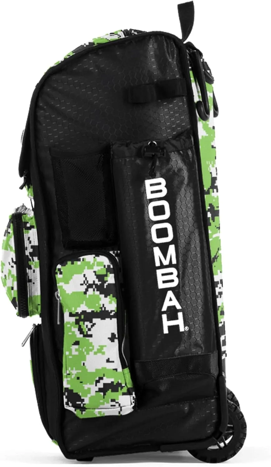 Boombah Rolling Superpack Baseball/Softball Gear Bag - 23-1/2" x 13-1/2" x 9-1/2" - Digital Camo Black/Lime Green - Telescopic Handle - Holds 4 Bats - Wheeled Version