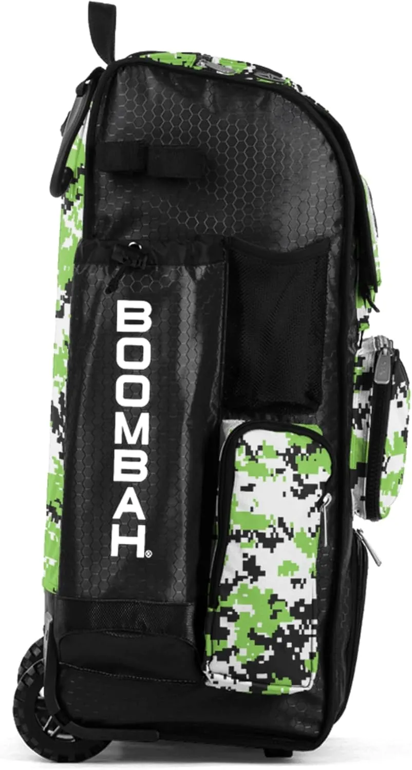 Boombah Rolling Superpack Baseball/Softball Gear Bag - 23-1/2" x 13-1/2" x 9-1/2" - Digital Camo Black/Lime Green - Telescopic Handle - Holds 4 Bats - Wheeled Version