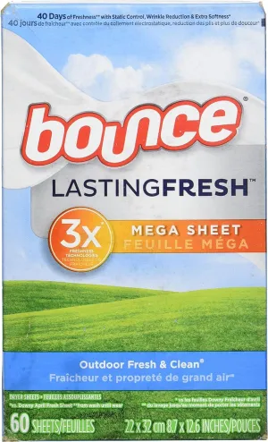 Bounce Fabric Softener Mega Dryer Sheets Lasting Fresh, Outdoor Fresh & Clean Scent, 60 count