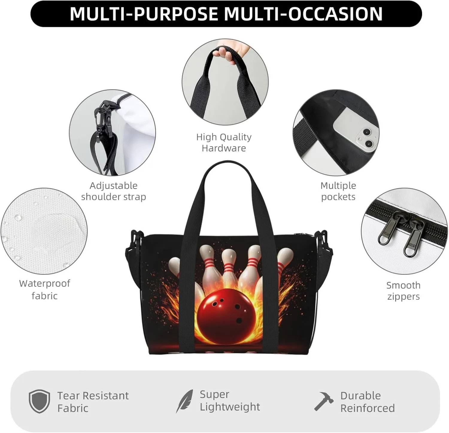 bowling pins print Travel Duffel Bag, Sports Tote Gym Bag, Swim Pool Bag Large Shoulder Tote Bag for Beach Weekender