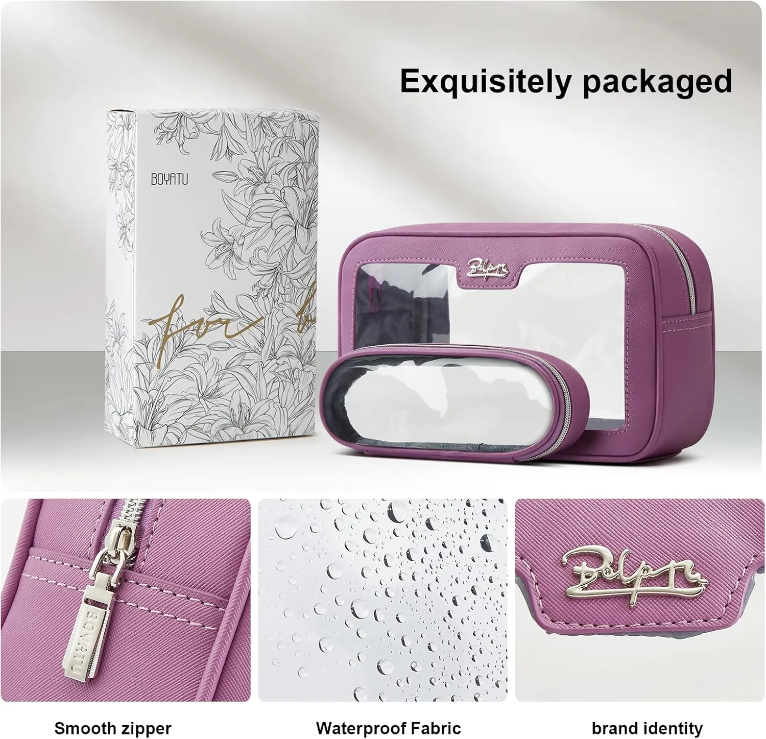 BOYATU Clear Travel Makeup Bag: 2 Pcs Set Make up Bag - Cosmetic Bags for Women - Waterproof Toiletry Bags Skincare Pouch (02-Purple)