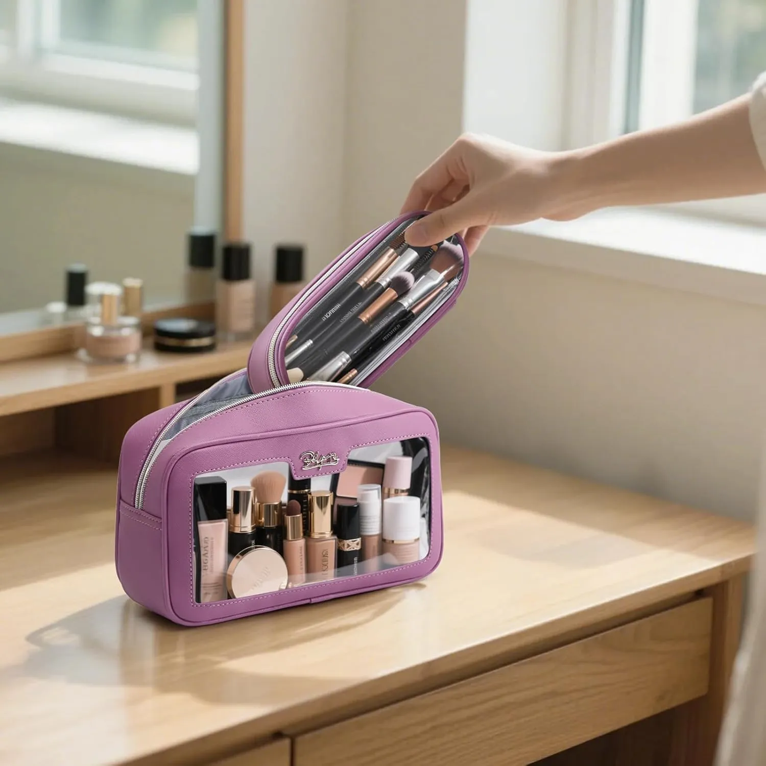 BOYATU Clear Travel Makeup Bag: 2 Pcs Set Make up Bag - Cosmetic Bags for Women - Waterproof Toiletry Bags Skincare Pouch (02-Purple)
