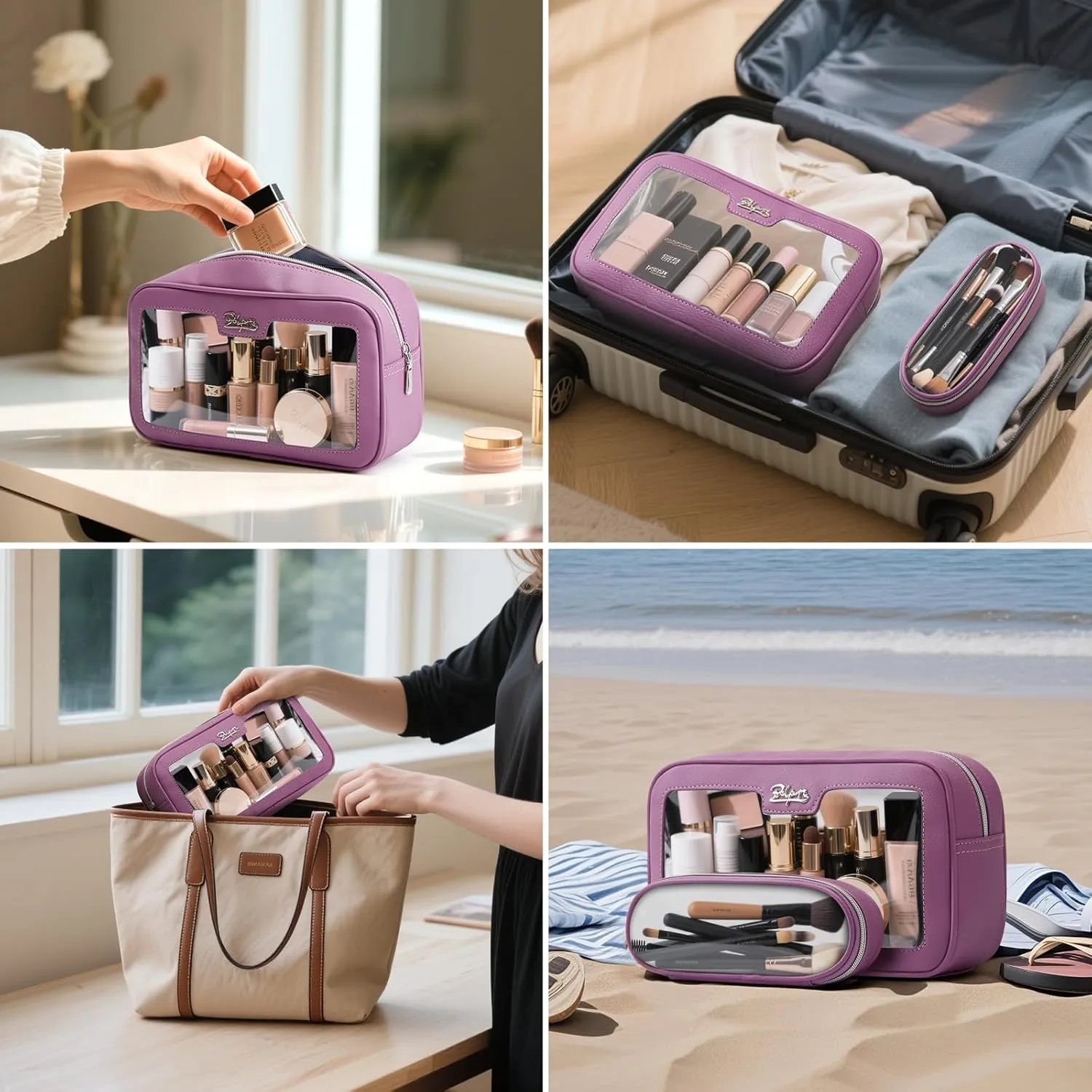 BOYATU Clear Travel Makeup Bag: 2 Pcs Set Make up Bag - Cosmetic Bags for Women - Waterproof Toiletry Bags Skincare Pouch (02-Purple)