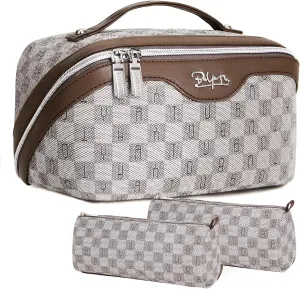 BOYATU Travel Makeup Bag Cosmetic Bags for Women: Large Make up Bags Set of 3 - Portable Makeup Organizer with Compartments&Handle&Divider - Waterproof PU Leather Toiletry Bag(02-Light Brown)