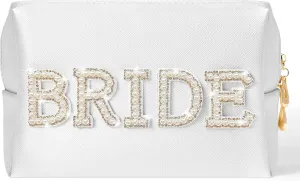Bride Cosmetic Bag Wedding - White Large Makeup Bag Pearl Rhinestone Patch Purse Bridesmaid Makeup Pouch Waterproof Portable Purse for Wedding Bachelorette Gifts Bridal Shower Gift, Gold