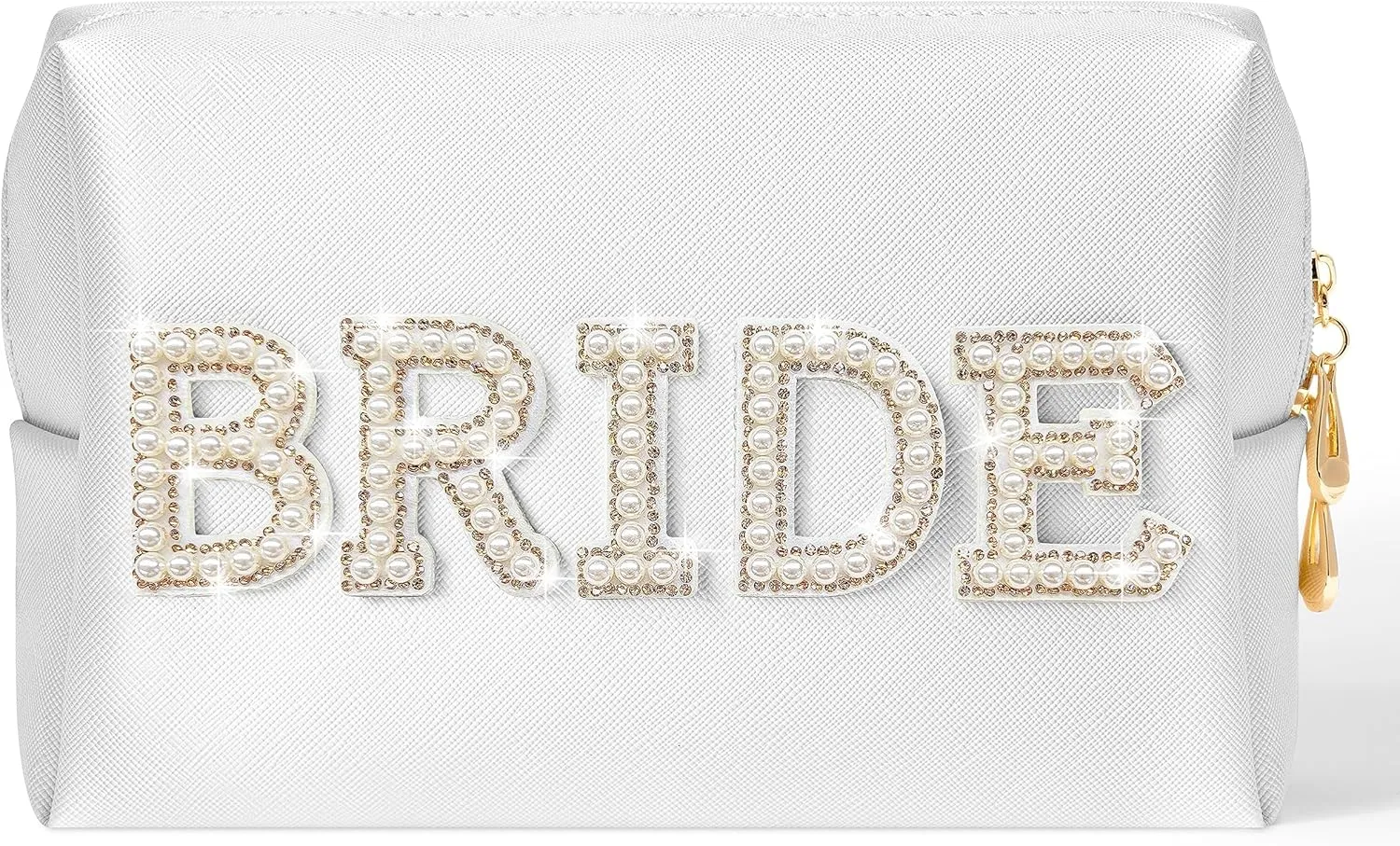 Bride Cosmetic Bag Wedding - White Large Makeup Bag Pearl Rhinestone Patch Purse Bridesmaid Makeup Pouch Waterproof Portable Purse for Wedding Bachelorette Gifts Bridal Shower Gift, Gold