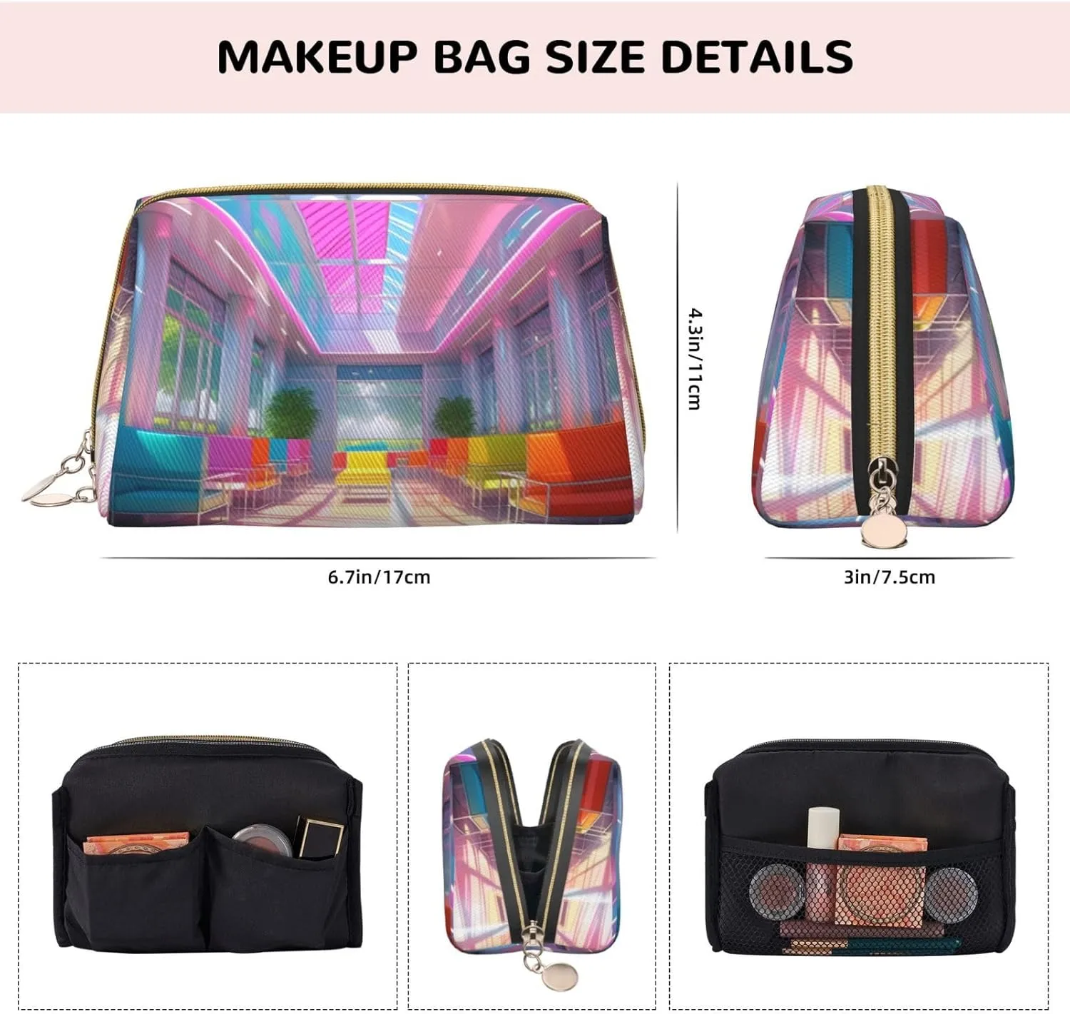 Bright Color Printed Small Makeup Bag,Travel Cosmetic Bag Purse with Zipper,Water-resistant Makeup Organizer Bag for Women