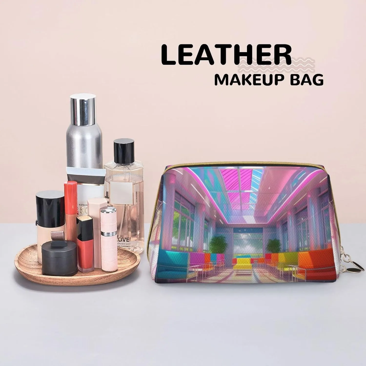 Bright Color Printed Small Makeup Bag,Travel Cosmetic Bag Purse with Zipper,Water-resistant Makeup Organizer Bag for Women