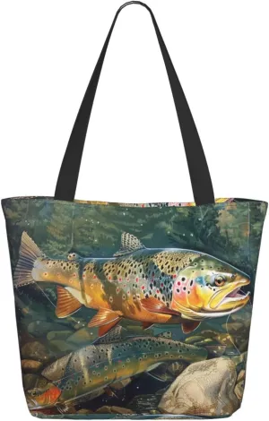 Brook Trout Fly Fishing Printed Shopping Tote Bag with Zipper, Cute Reusable Grocery Bags Shoulder Bag for Shopping, Beach,Travel, Work
