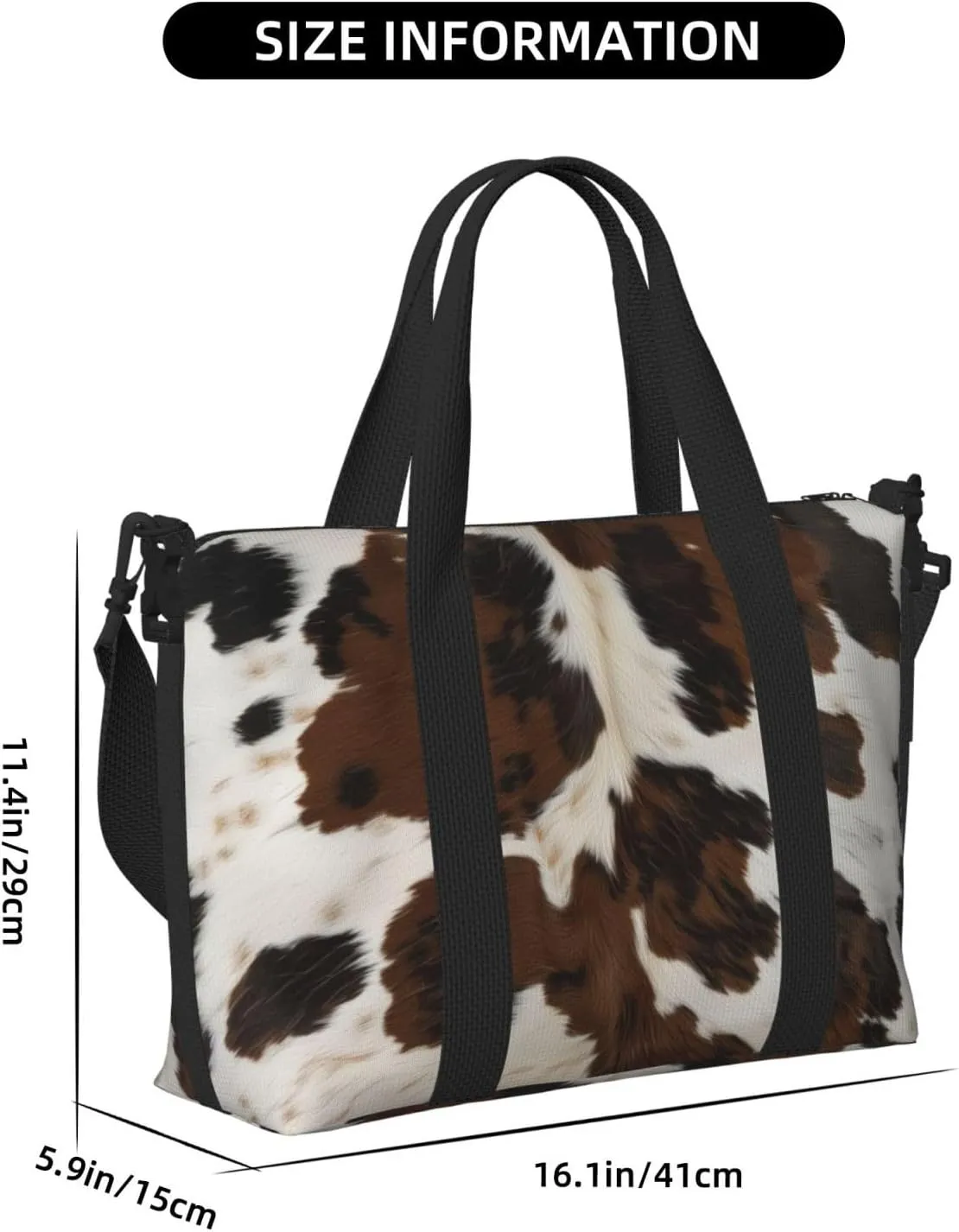 brown black white cowhide print Travel Duffel Bag, Sports Tote Gym Bag, Swim Pool Bag Large Shoulder Tote Bag for Beach Weekender