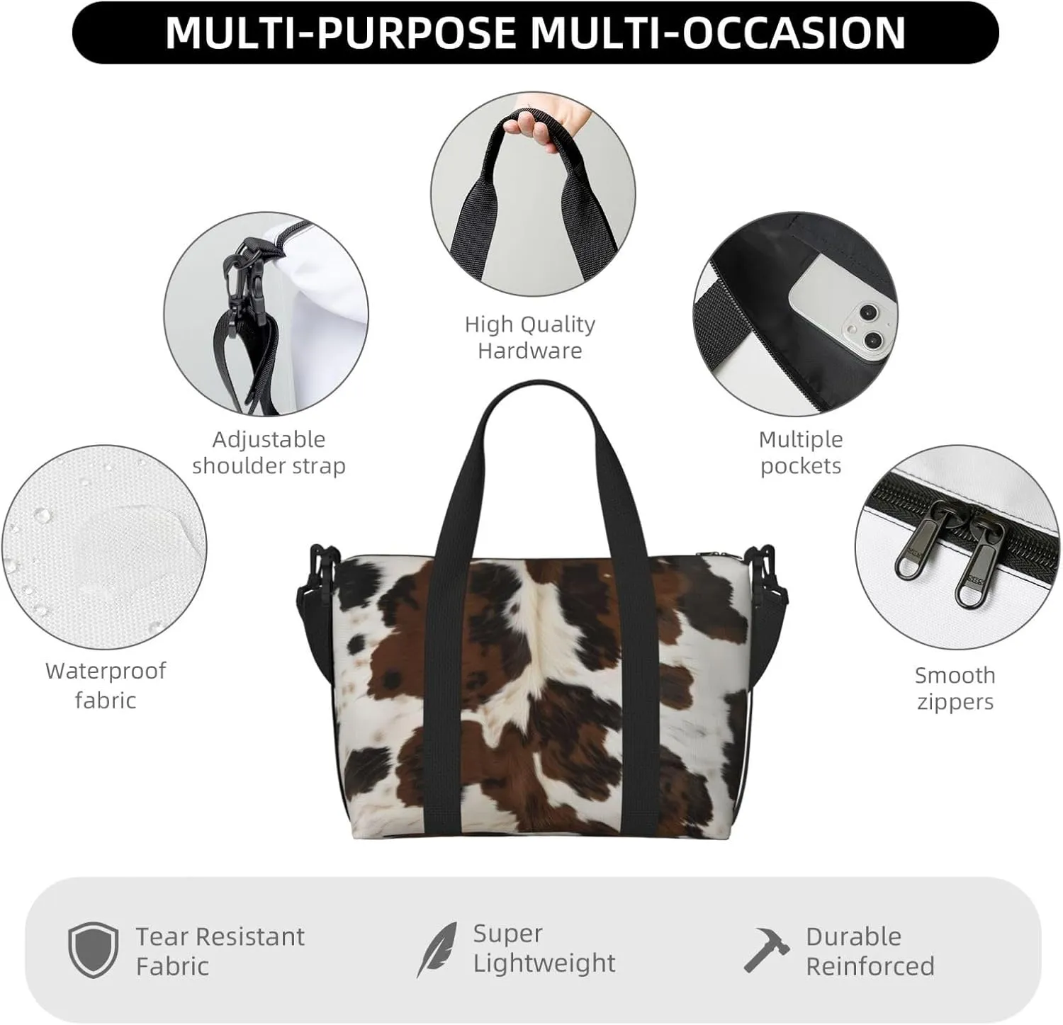 brown black white cowhide print Travel Duffel Bag, Sports Tote Gym Bag, Swim Pool Bag Large Shoulder Tote Bag for Beach Weekender