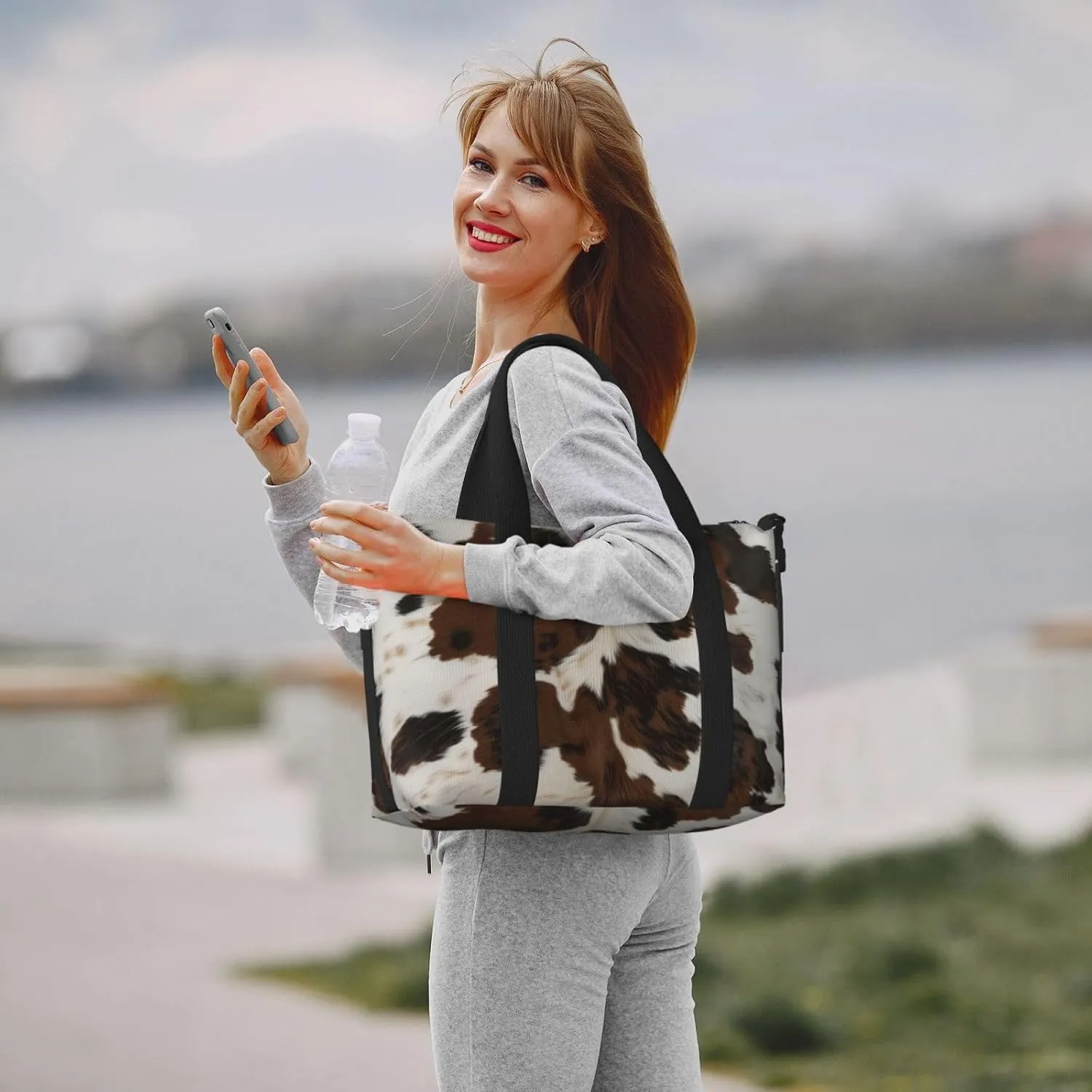 brown black white cowhide print Travel Duffel Bag, Sports Tote Gym Bag, Swim Pool Bag Large Shoulder Tote Bag for Beach Weekender