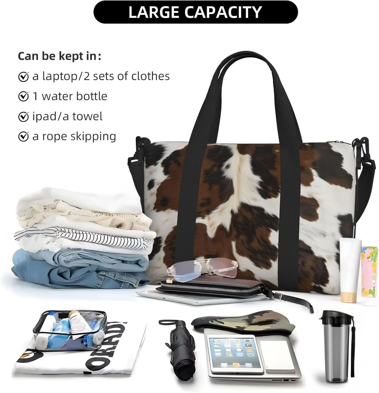 brown black white cowhide print Travel Duffel Bag, Sports Tote Gym Bag, Swim Pool Bag Large Shoulder Tote Bag for Beach Weekender