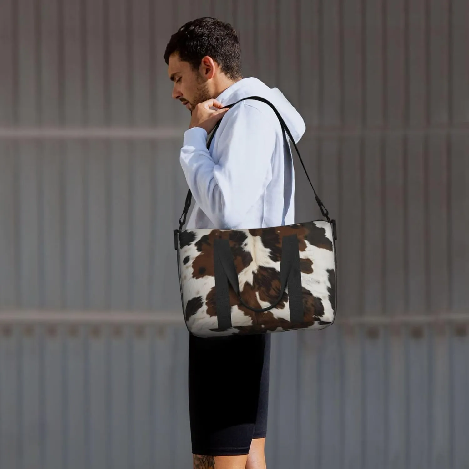 brown black white cowhide print Travel Duffel Bag, Sports Tote Gym Bag, Swim Pool Bag Large Shoulder Tote Bag for Beach Weekender