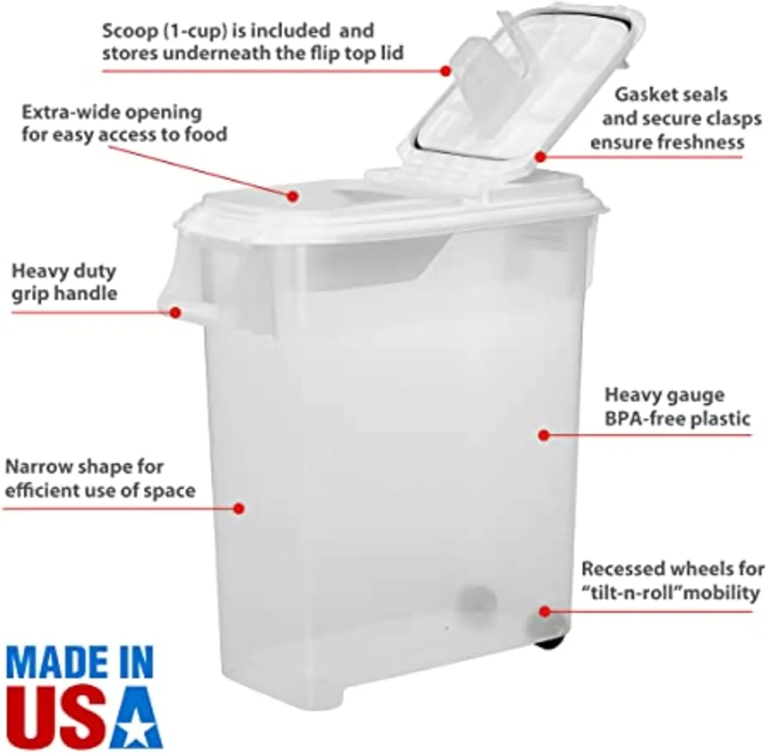 Buddeez Airtight Pet Food Storage Container - 50 QT Capacity Dog Food Storage Container, Cat Food Container, Bird Seed Storage Container, Rolling Storage Bin, Air Tight with White Lid