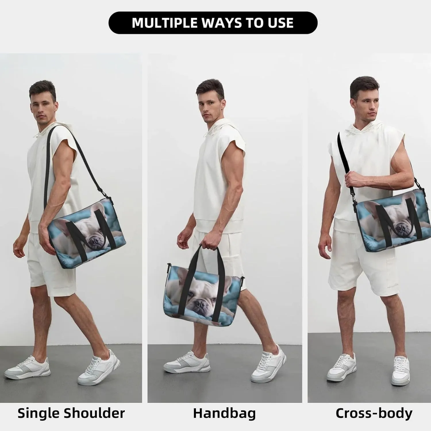 Bulldog print Travel Duffel Bag, Sports Tote Gym Bag, Swim Pool Bag Large Shoulder Tote Bag for Beach Weekender