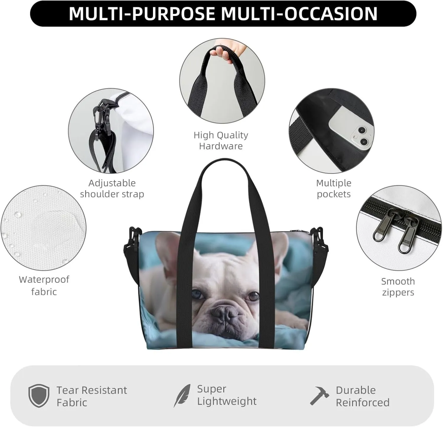 Bulldog print Travel Duffel Bag, Sports Tote Gym Bag, Swim Pool Bag Large Shoulder Tote Bag for Beach Weekender
