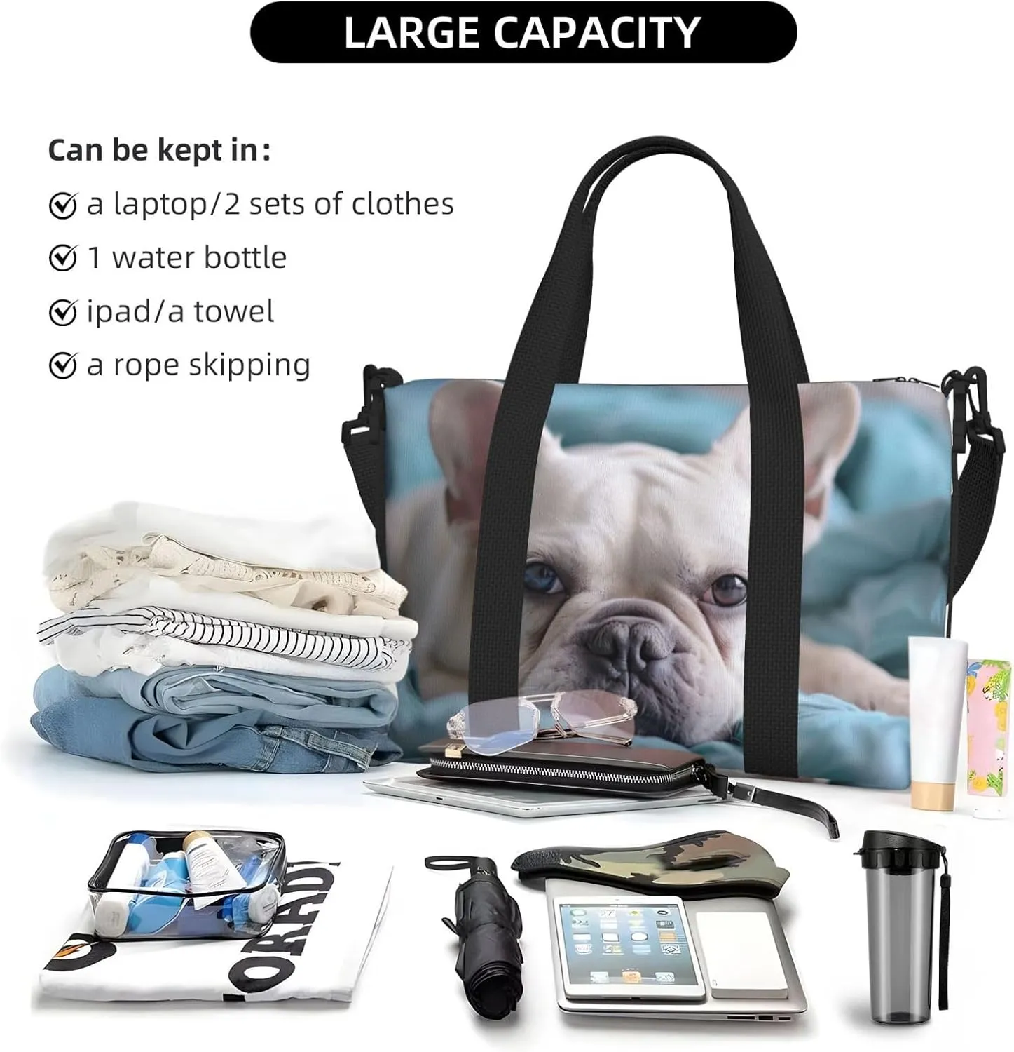 Bulldog print Travel Duffel Bag, Sports Tote Gym Bag, Swim Pool Bag Large Shoulder Tote Bag for Beach Weekender