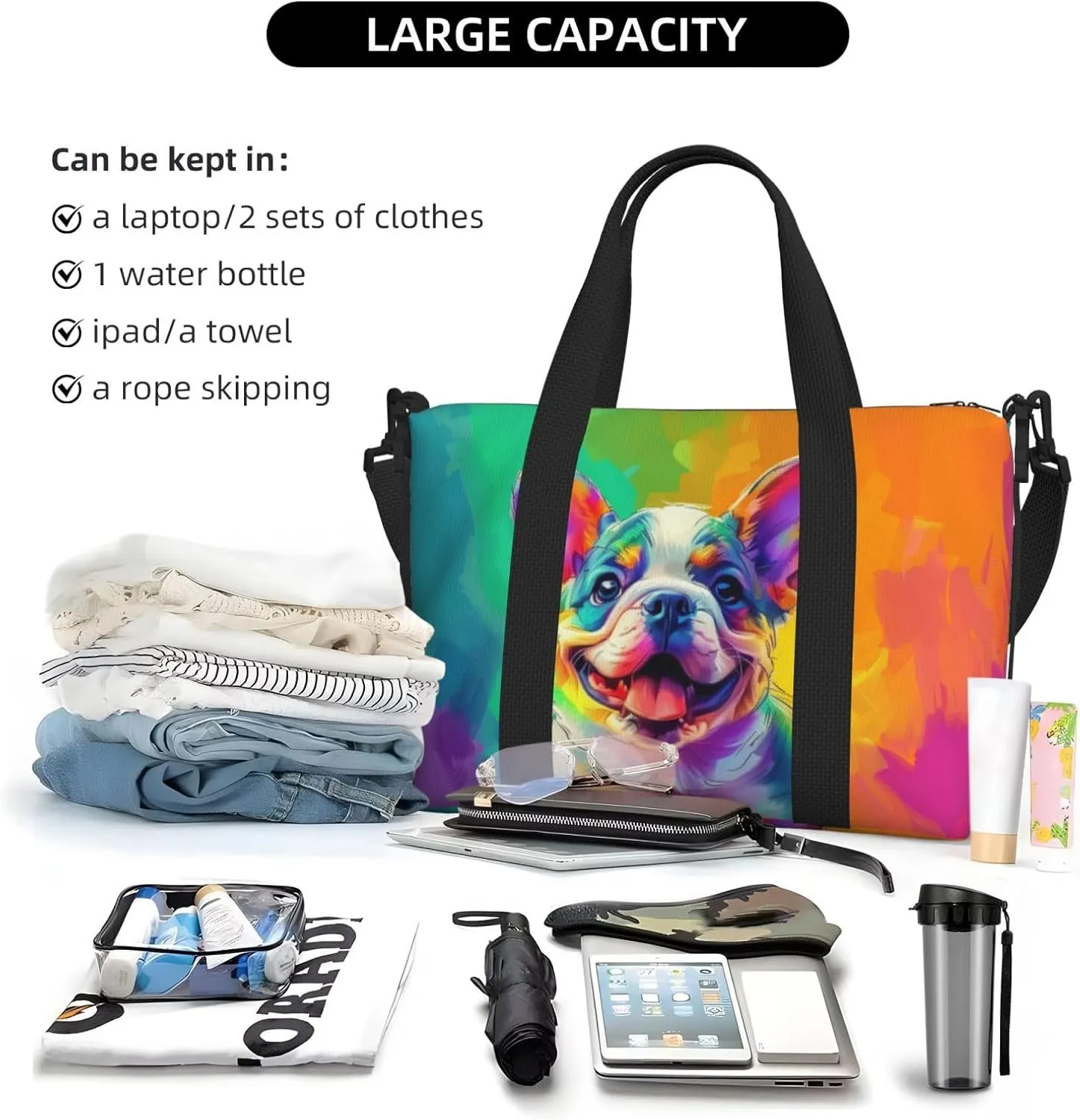 bulldog smile print Travel Duffel Bag, Sports Tote Gym Bag, Swim Pool Bag Large Shoulder Tote Bag for Beach Weekender