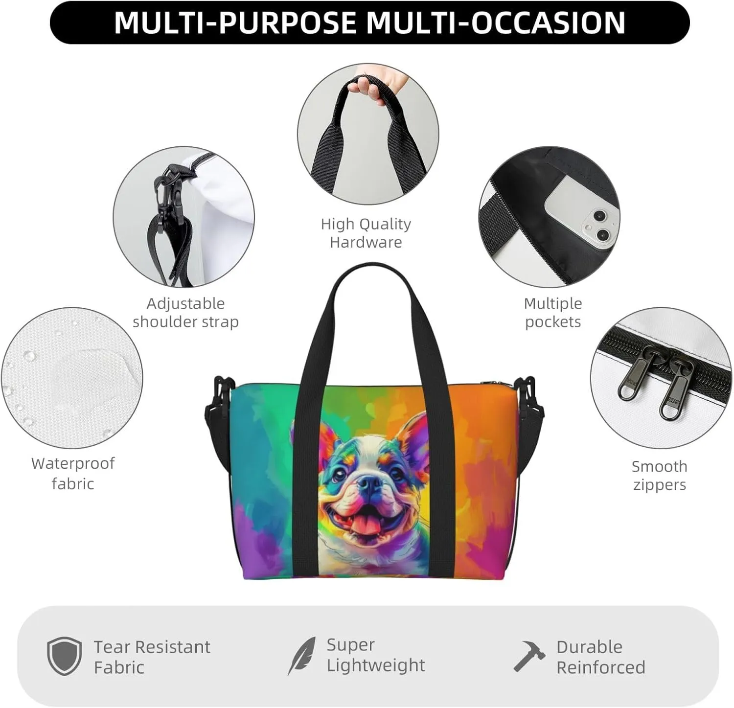 bulldog smile print Travel Duffel Bag, Sports Tote Gym Bag, Swim Pool Bag Large Shoulder Tote Bag for Beach Weekender