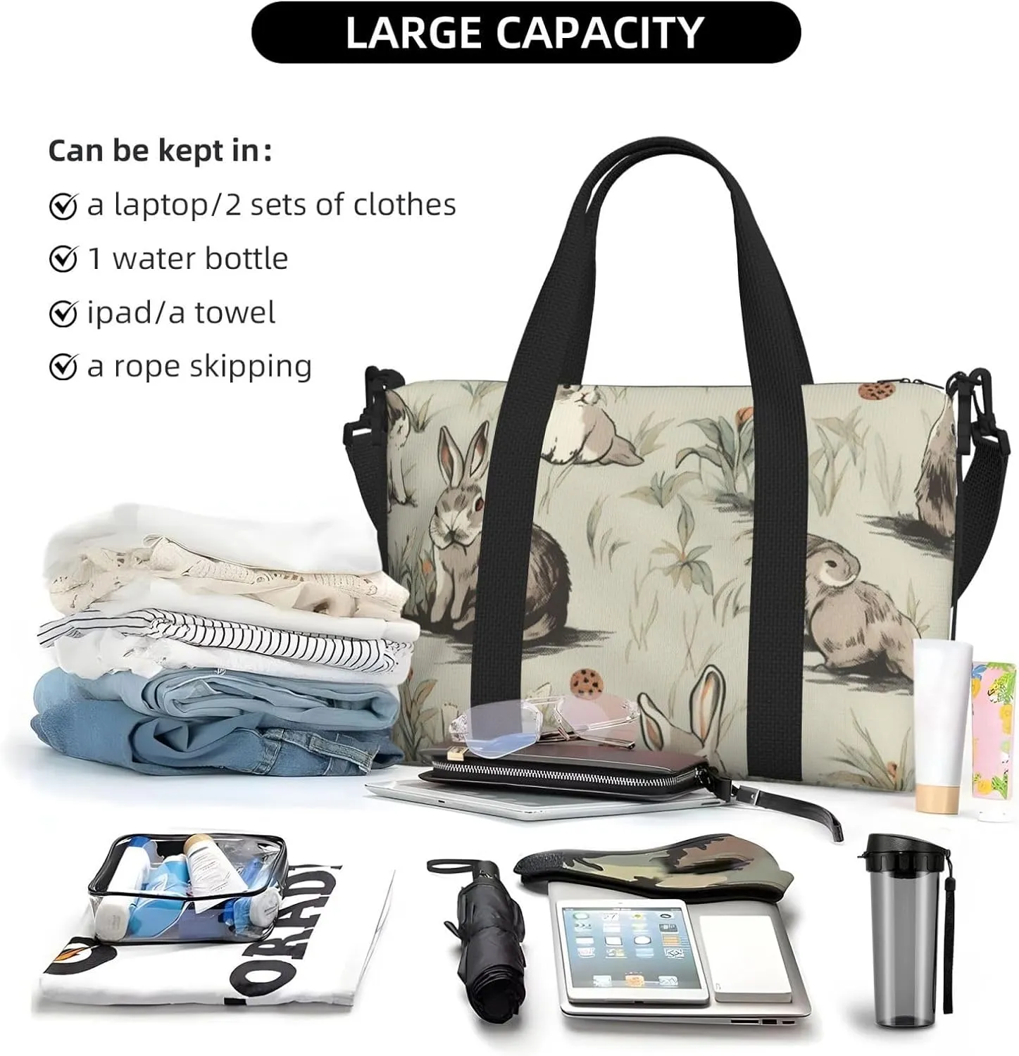 bunnies art print Travel Duffel Bag, Sports Tote Gym Bag, Swim Pool Bag Large Shoulder Tote Bag for Beach Weekender