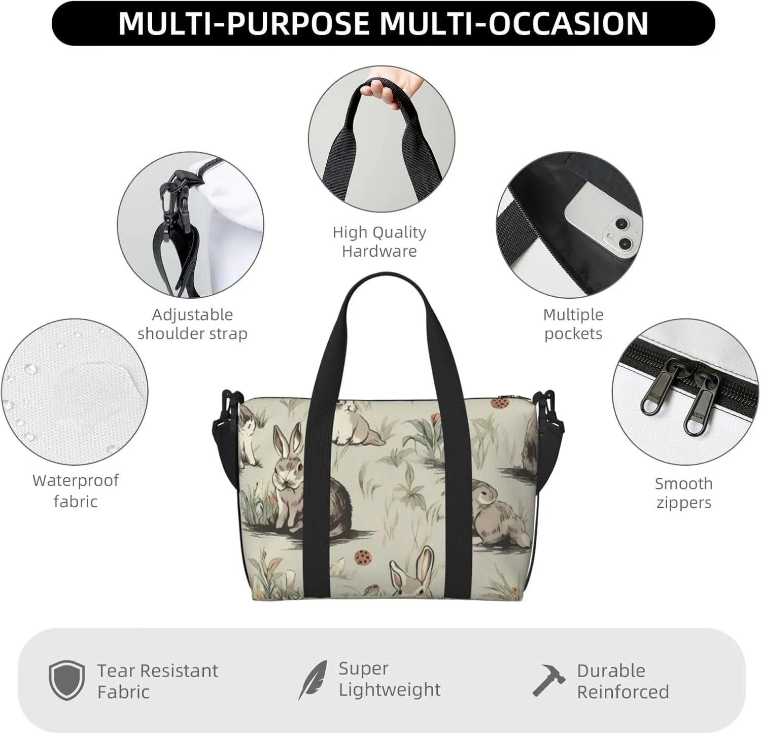 bunnies art print Travel Duffel Bag, Sports Tote Gym Bag, Swim Pool Bag Large Shoulder Tote Bag for Beach Weekender
