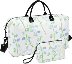 Burbuja Travel Duffel Bag for Women, Blue Green Bell Shaped Flowers Weekender Overnight Bag Shoulder Carry On Tote with Trolley Sleeve, Gym & Toiletry, Large Size