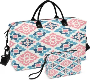 Burbuja Travel Duffel Bag for Women, Pink Blue Quatrefoils Tiles Weekender Overnight Bag Shoulder Carry On Tote Bag with Trolley Sleeve, Gym Bag with Toiletry Bag, Large Size