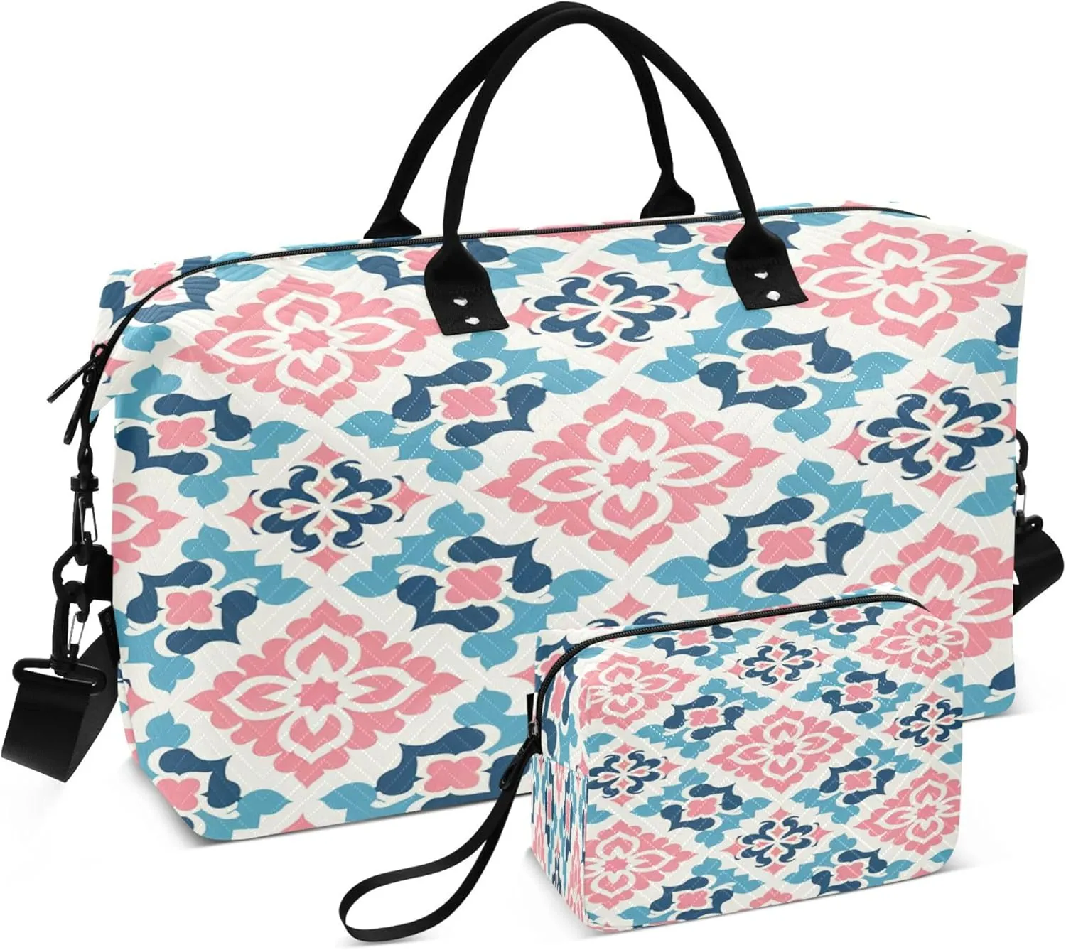 Burbuja Travel Duffel Bag for Women, Pink Blue Quatrefoils Tiles Weekender Overnight Bag Shoulder Carry On Tote Bag with Trolley Sleeve, Gym Bag with Toiletry Bag, Large Size